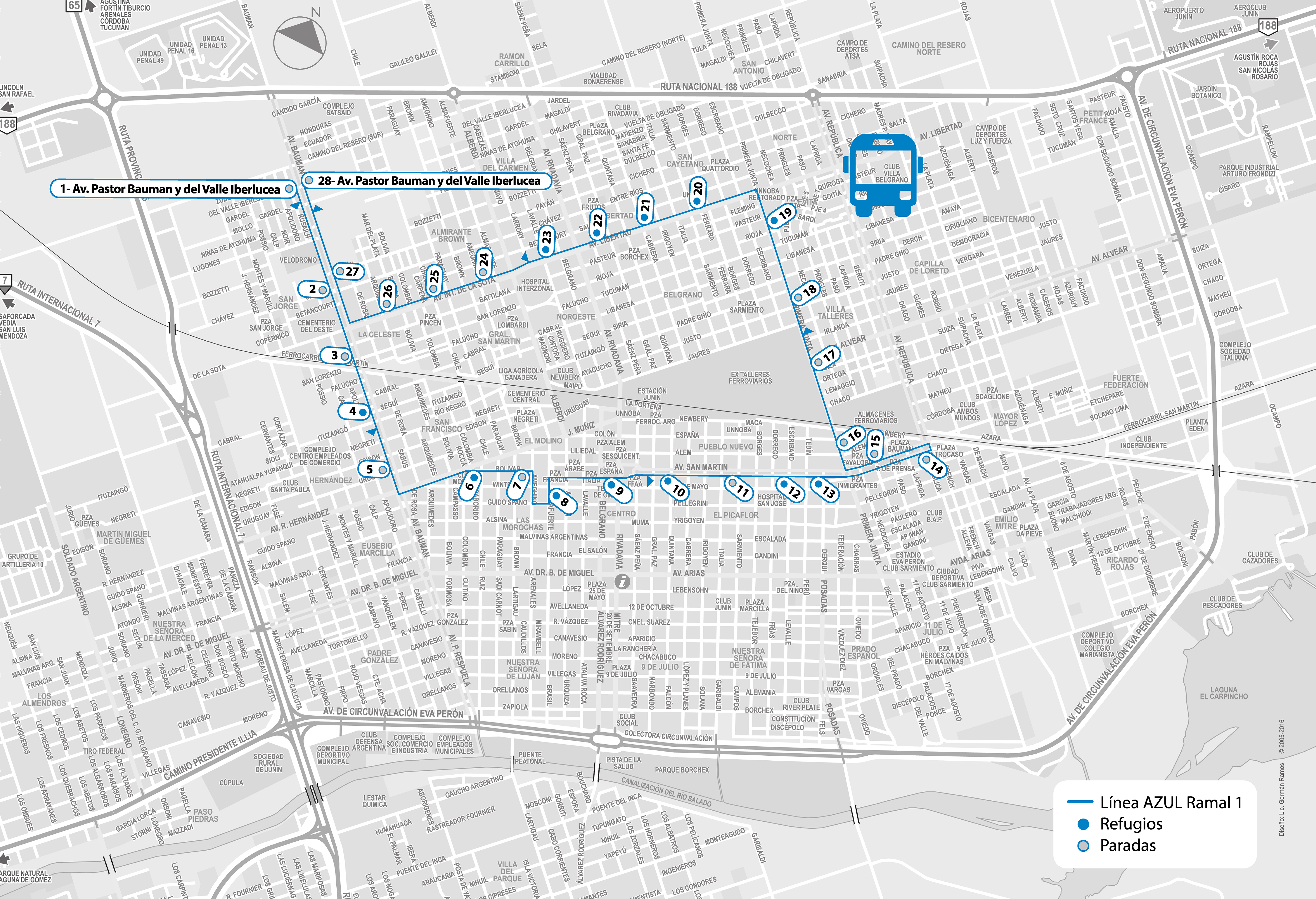 En la imagen se observa el mapa de recorrido de la linea azul ramal 1