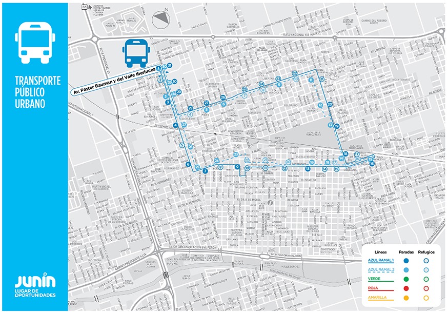 En la imagen se observa el mapa de recorrido de la linea azul ramal 1 y 2