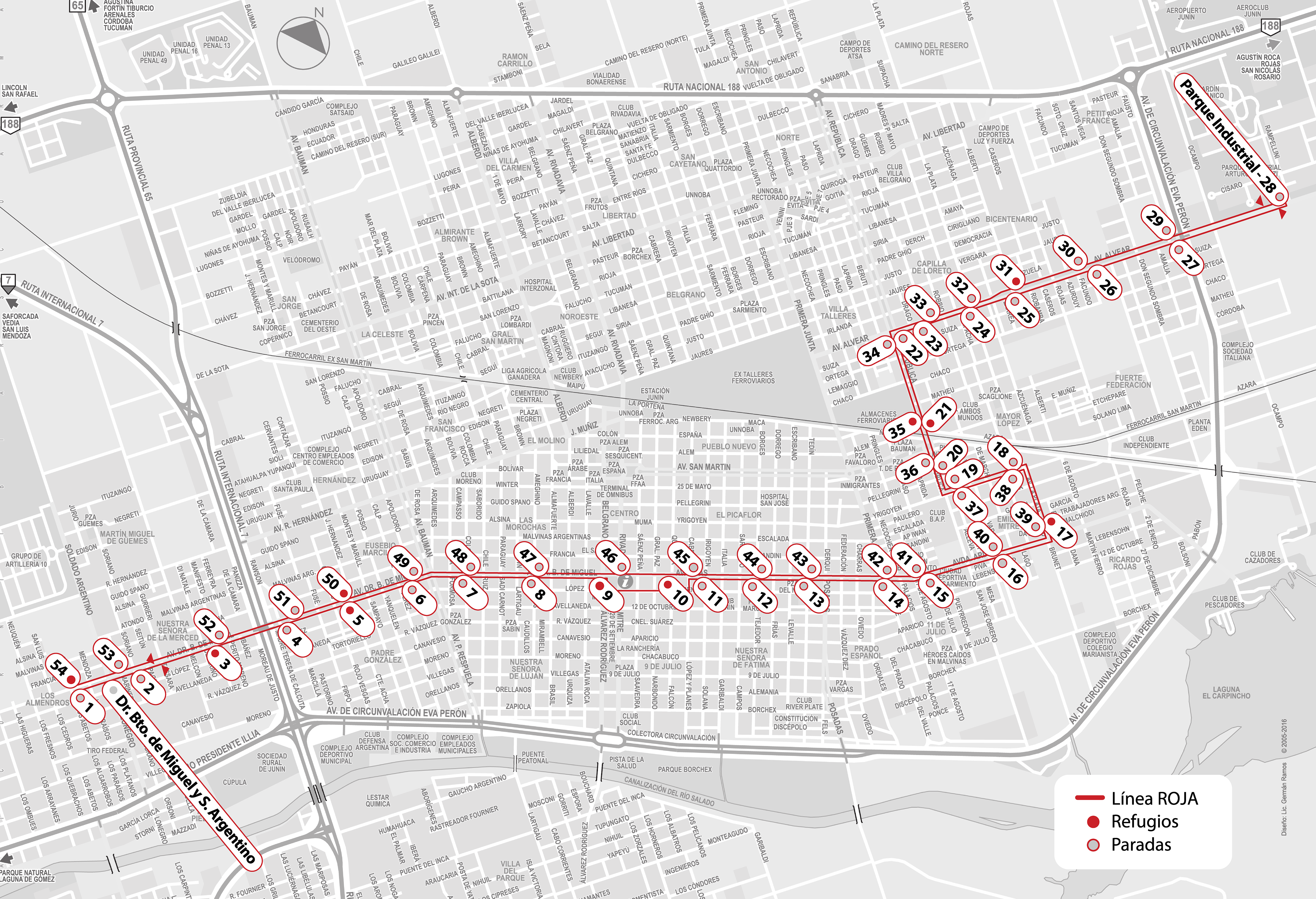 En la imagen se observa el mapa de recorrido de la linea roja